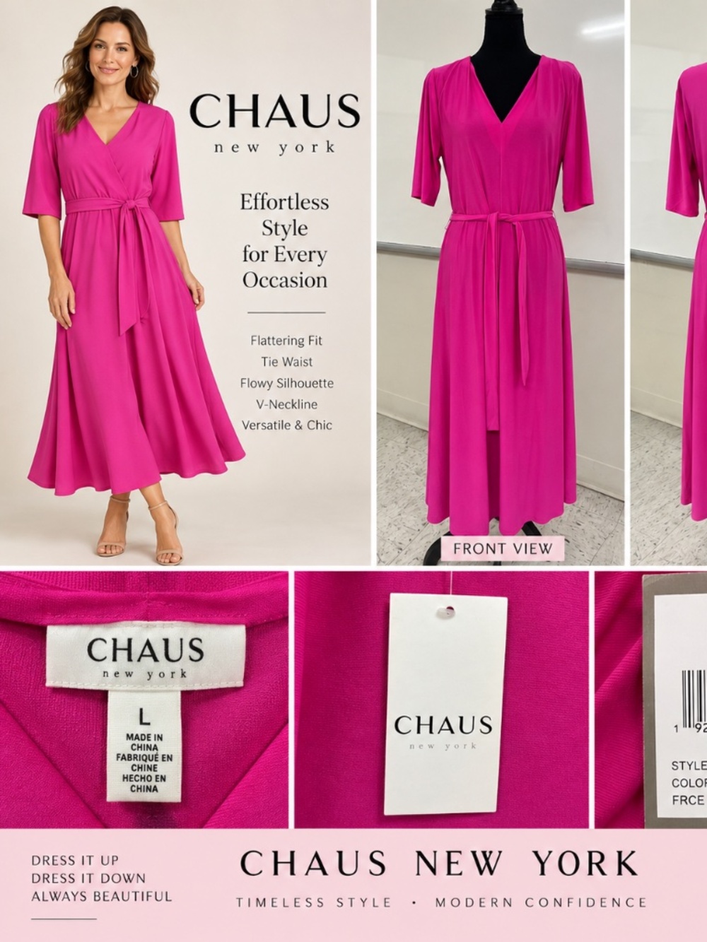 NWT CHAUS Fuchsia Pink V Neck Tie Waist Midi Maxi Dress Size Large